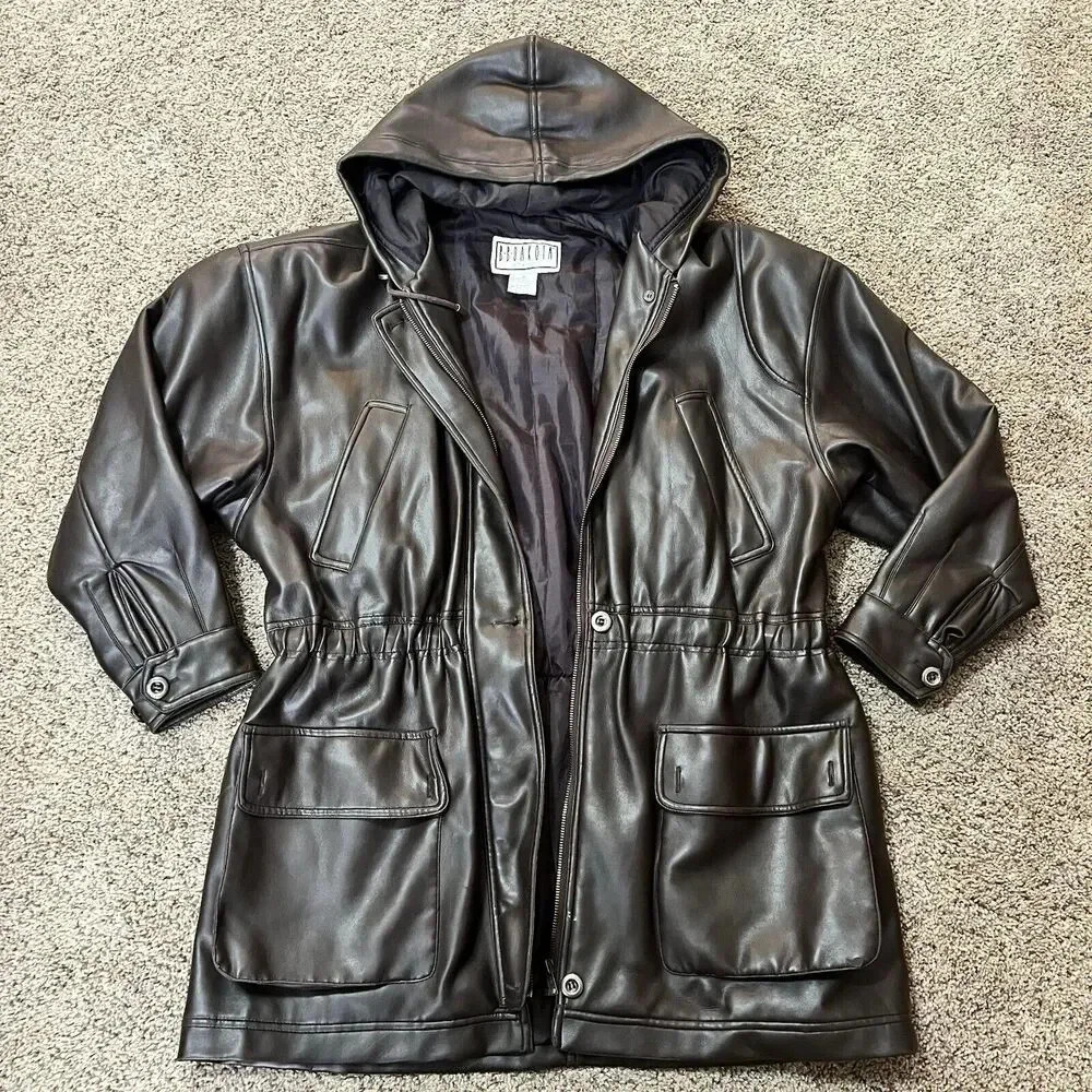 B. B. Dakota Jacket Overcoat Faux Leather Bomber Hooded Long Chore Chic Modern M